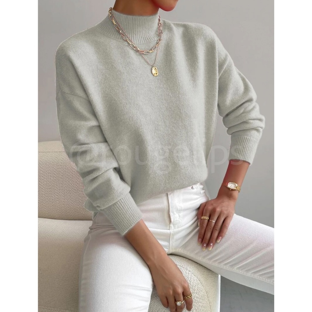 Light Grey Turtleneck Knit Pullover Sweater Long Sleeve - Picture 2 of 7